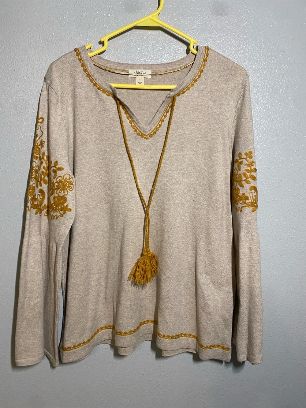 Style & Co. Cream Pullover with Mustard Embroidery & Tassel Detail